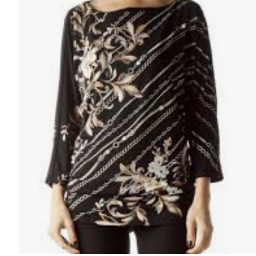 White House Black Market Floral Chain Print Boat Neck Stretch 3/4 Sleeve, Size S